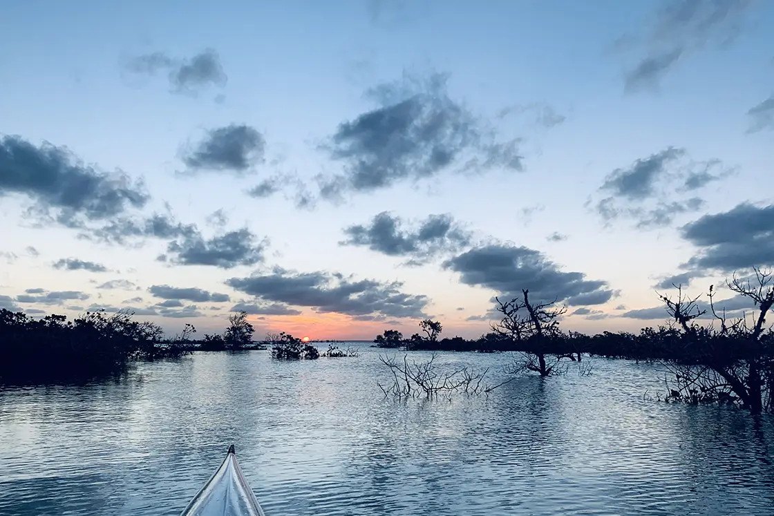 Perfect Hideaways real estate property: A kayaker paddles through partially submerged trees, shortly before the sun disappears below the horizon. The Sanctuary Private Reserve, Mozambique.