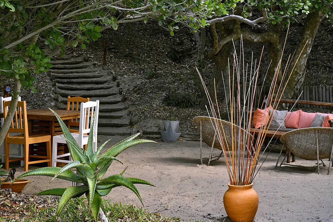 Perfect Hideaways real estate property: An outdoor sitting area in a sandy courtyard with wooden benches and rounded chairs, orange cushions, and a pot with coloured reeds. Dunes de Dovela Lodge, Mozambique.