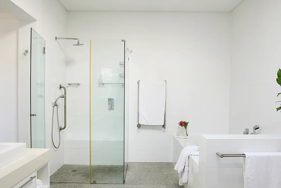 Perfect Hideaways real estate property: A white bathroom area, featuring a bath, a basin unit, and a shower, with a green plant and a protea. Roga Rock, Plettenberg Bay.