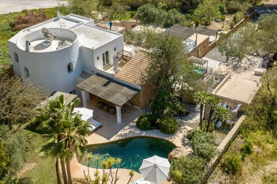 Perfect Hideaways real estate property: An aerial photograph of the Finca home in the Spanish countryside, which is situated near the Morna valley. Ibiza, Ibizan Finca.