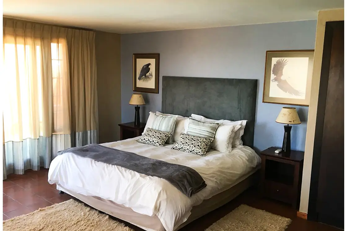 Perfect Hideaways real estate property: A large bedroom with a bird painting above the bedside tables, a double bed, patterned black and grey decorative cushions, woolly beige carpet, tiled floor, and grey throw. Mabula Game Reserve, Limpopo.