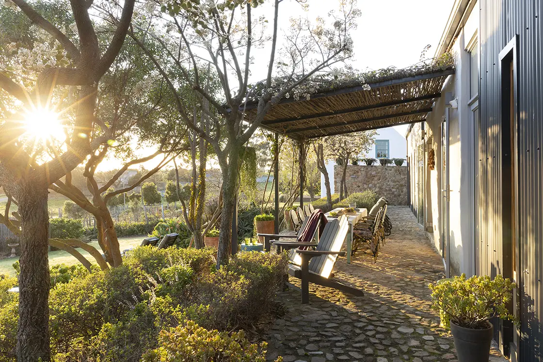 Perfect Hideaways real estate property: Wide view of the veranda during sunset, featuring outdoor seating surrounded by plants and trees. Barncroft in Napier.