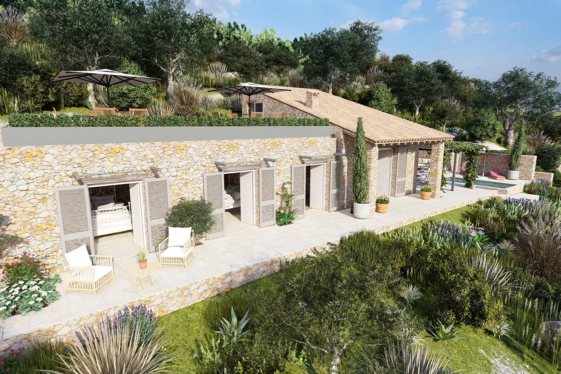 Perfect Hideaways real estate property: A rendered image of a property to be built, constructed in a Tuscan architectural style, with modern elements. Lush vegetation and nearby olive groves. Casa Di Led in Spoleto.