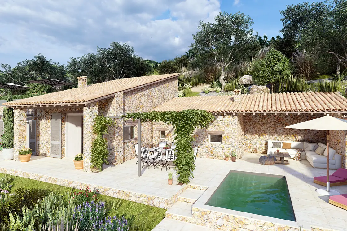 Perfect Hideaways real estate property: Terracotta tiling, natural stone, and creeping vines on display in this render of a soon-to-be villa. An outdoor swimming pool with a large patio, and outdoor dining area. Casa Di Led in Spoleto.