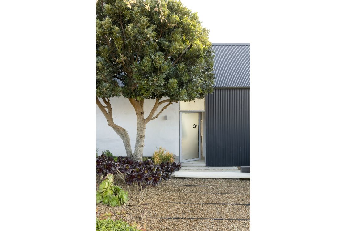 Close up view of the front door to the home. A tree in the garden nearby. Overberg.