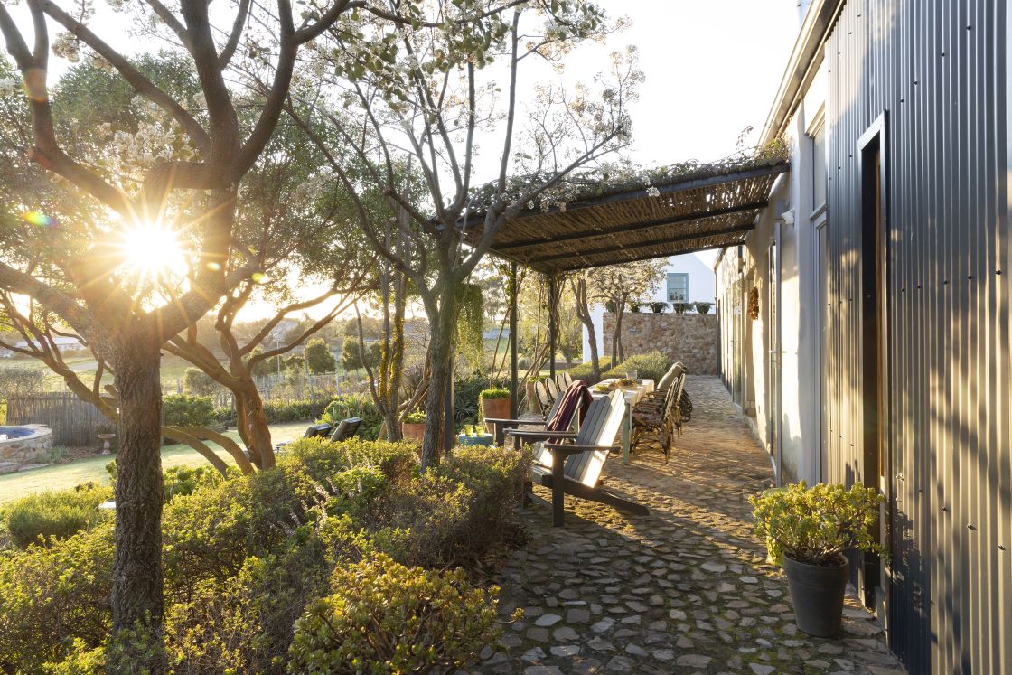 Wide view of the veranda. Various plants and trees sit on the edge of the garden. Overberg.