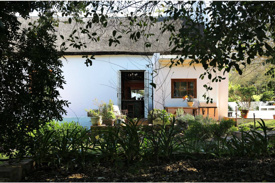 Shaded garden in front of the main house. A small outdoor patio and wash station, beside open door.