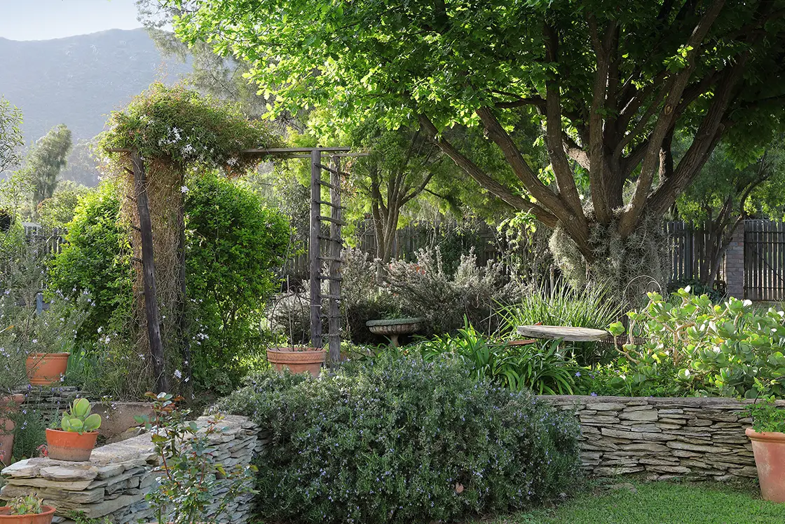 Perfect Hideaways real estate property: Lush garden vegetation surrounds an organized lawn with a stone wall. The White House in Barrydale.