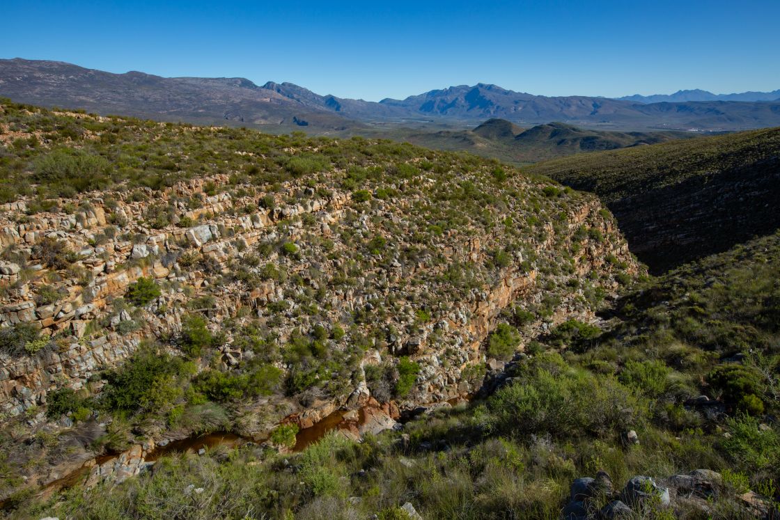 A river flows between rocky hills covered in dense vegetation, with expansive views of the undulating Overberg landscape.